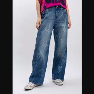 P3019 BLUE VELVET Heart Print Dark Denim Mid Rise Loose Fit Jeans